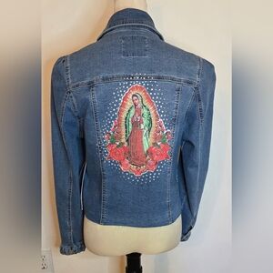Our Lady Of Guadalupe Image with Rhinestones denim jacket size Medium stretch